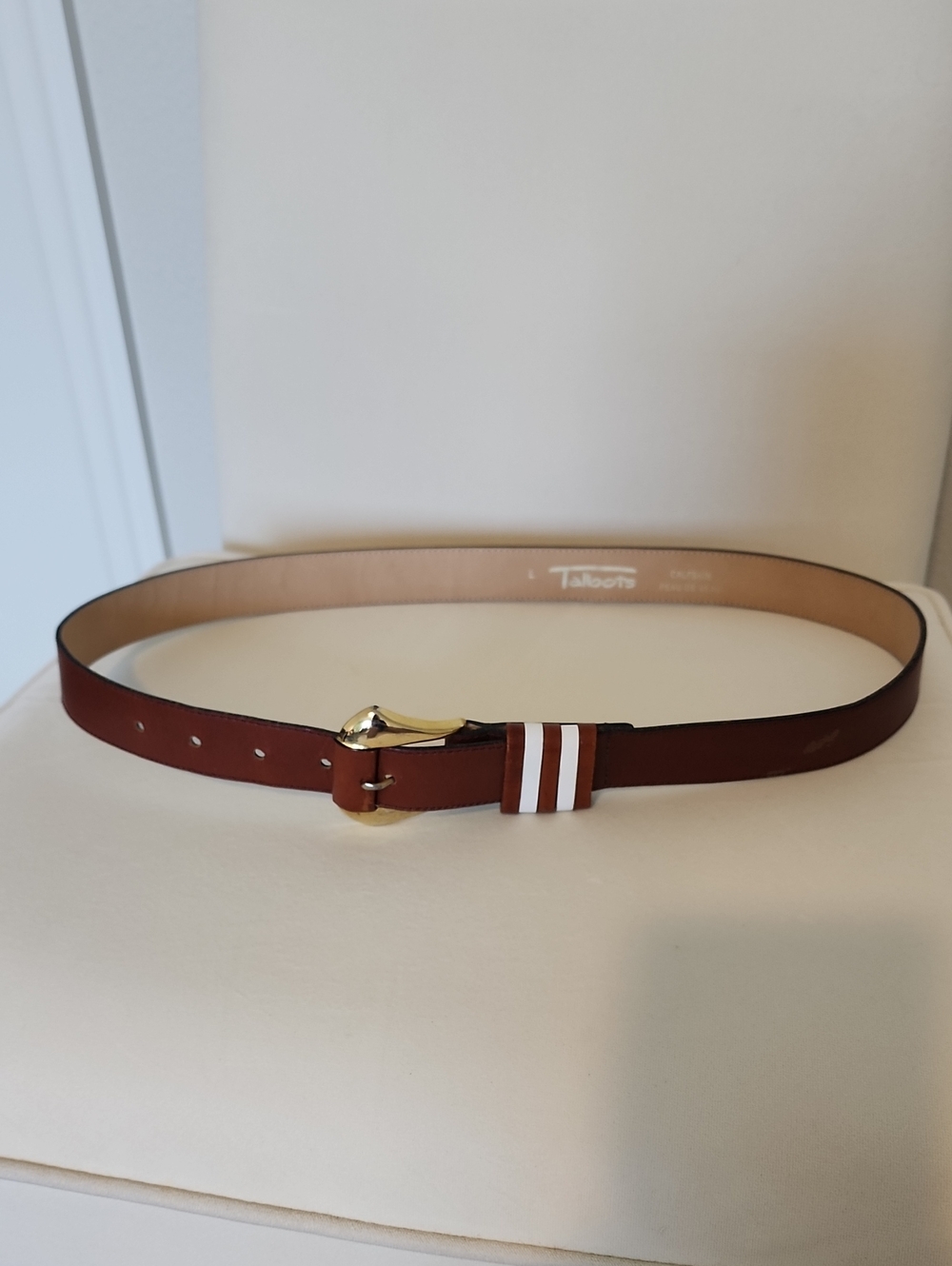 Talbots Brown Leather Belt with White Stripe Accent and Gold Buckle